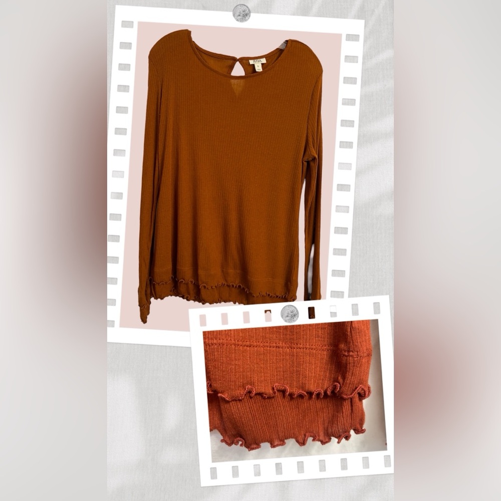 A New Approach Ribbed Long Sleeve Lettuce Cuff & Hem Rust Top Size XL